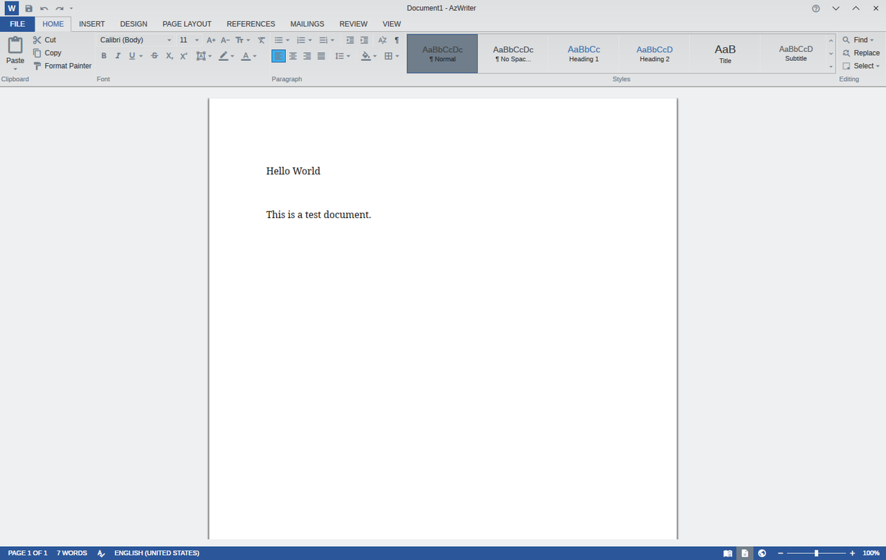 AzWriter, a native document editor built on the Azul UI toolkit, with its ribbon and a page of text