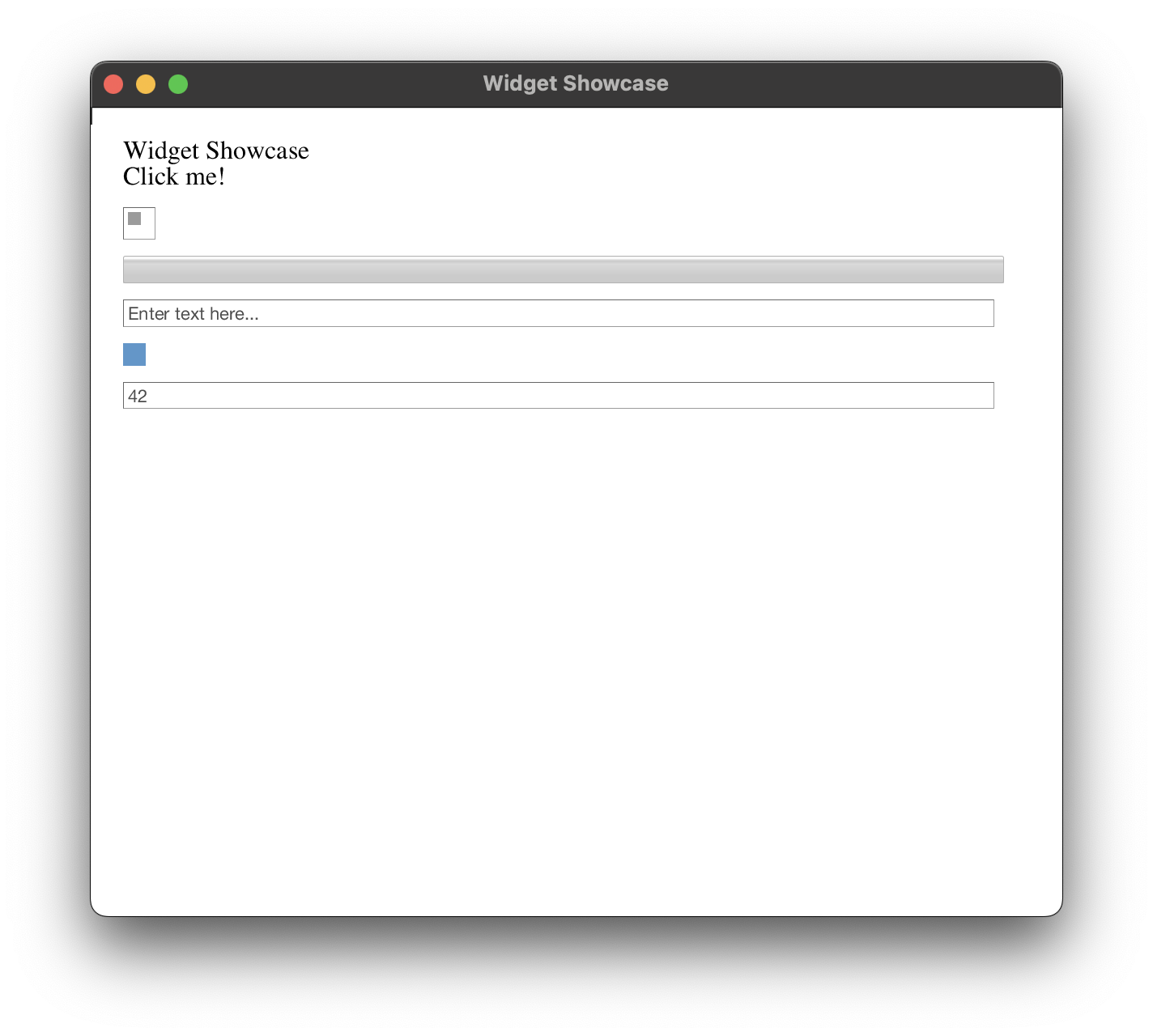 Demonstration of all built-in widgets including buttons, checkboxes, inputs and more