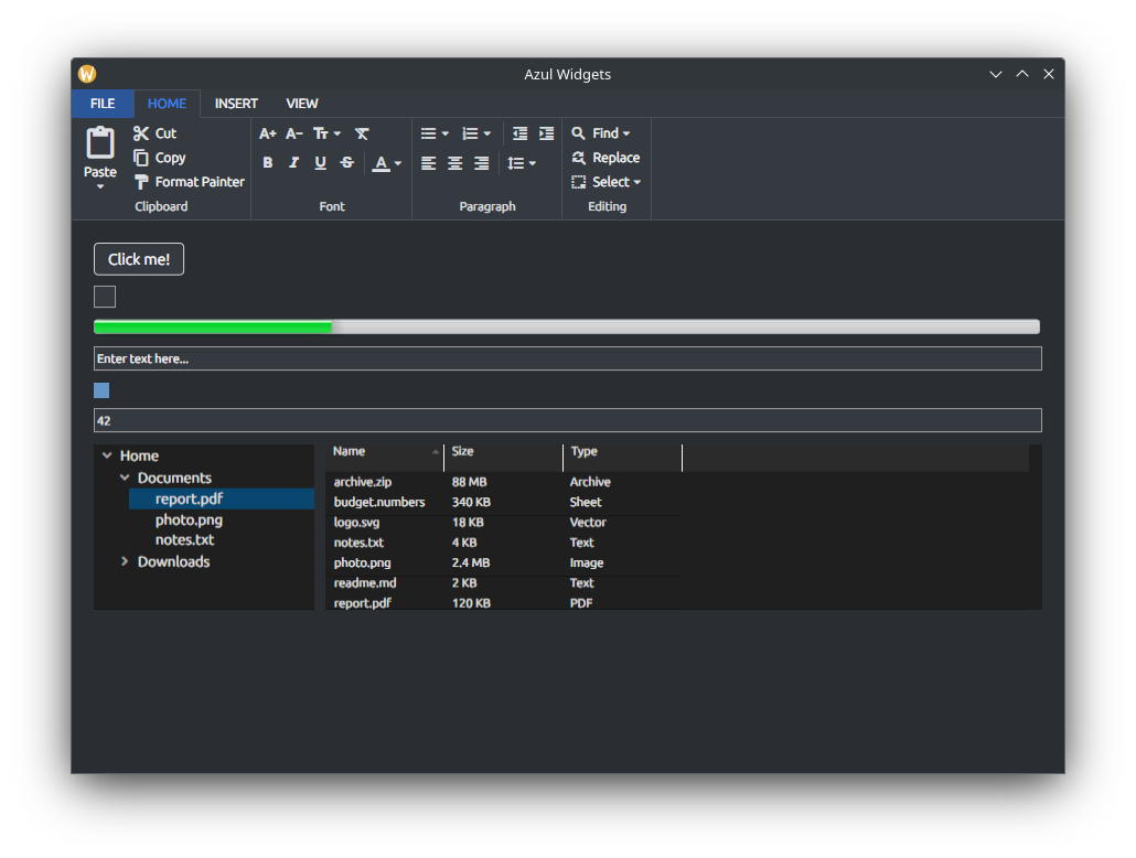 Demonstration of all built-in widgets including buttons, checkboxes, inputs and more