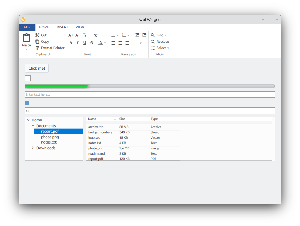Demonstration of all built-in widgets including buttons, checkboxes, inputs and more