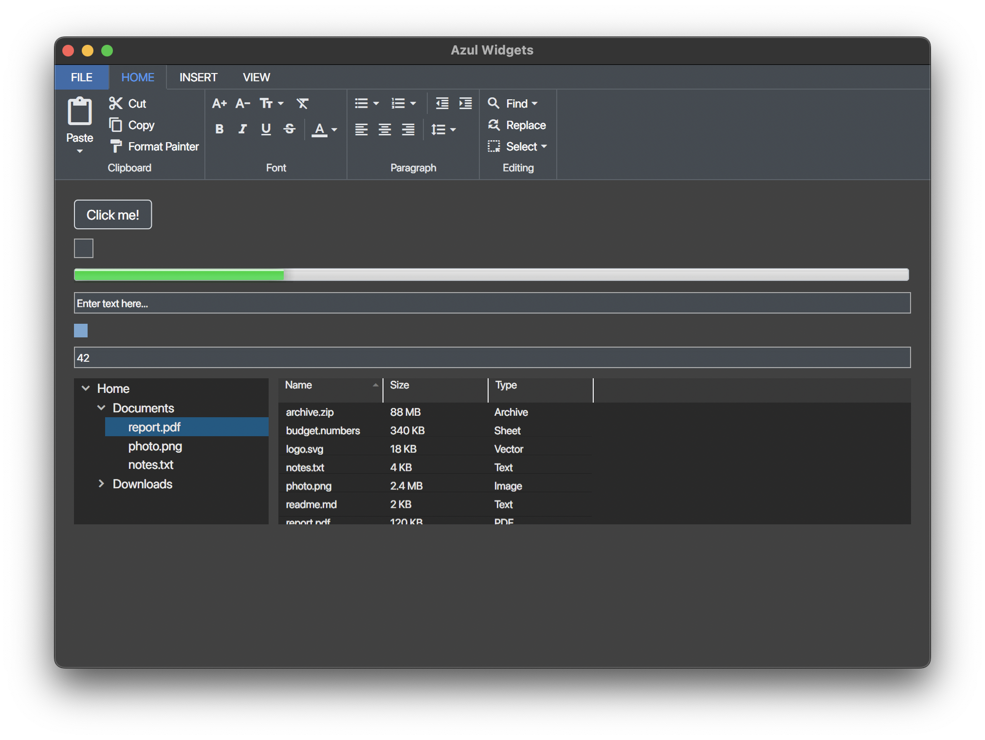 Demonstration of all built-in widgets including buttons, checkboxes, inputs and more