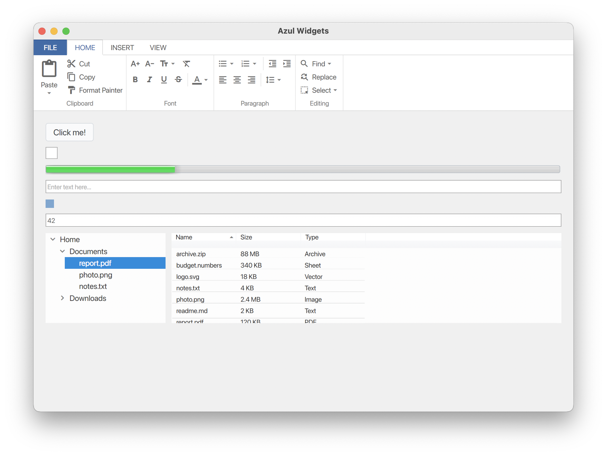 Demonstration of all built-in widgets including buttons, checkboxes, inputs and more