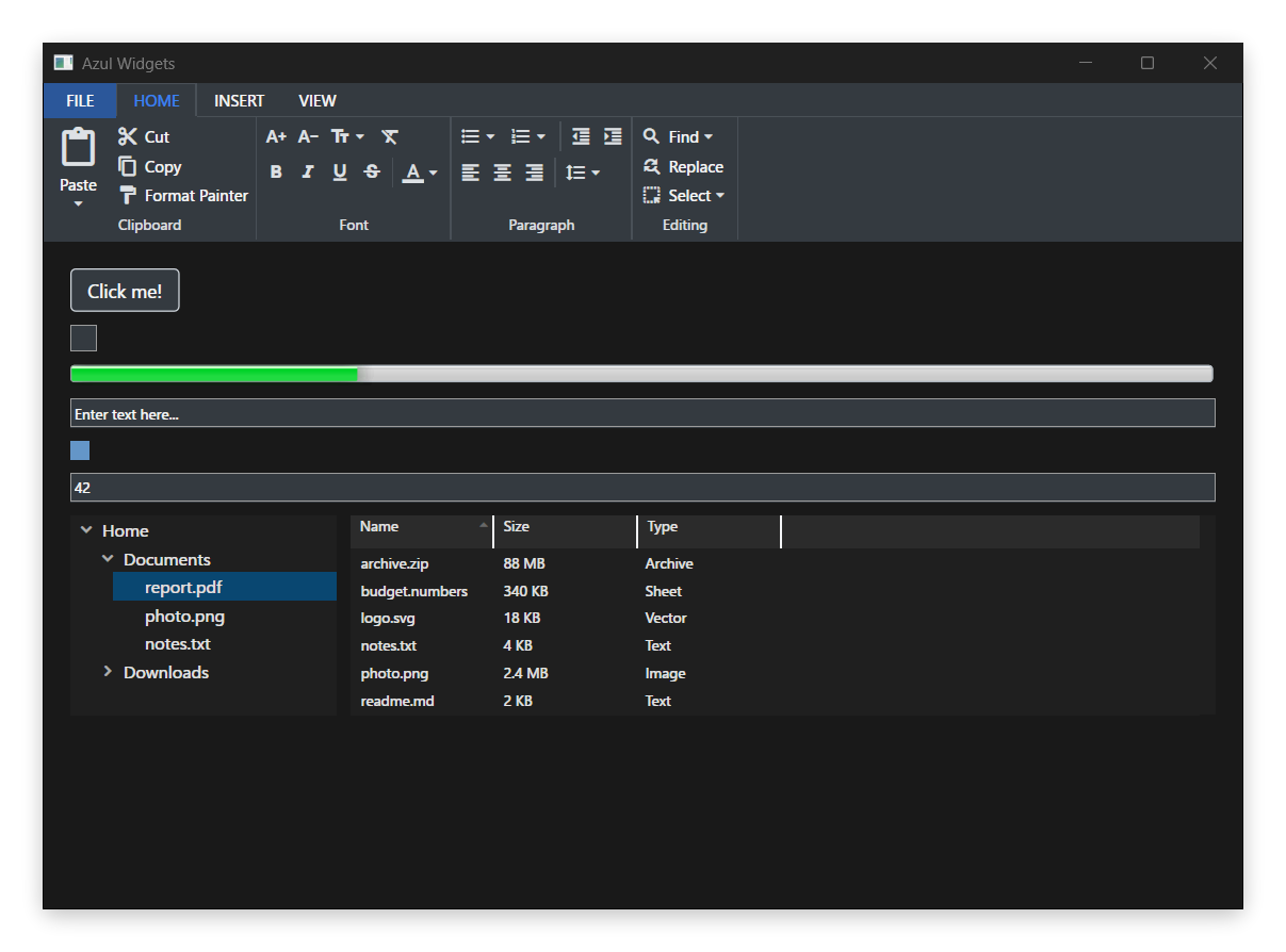Demonstration of all built-in widgets including buttons, checkboxes, inputs and more