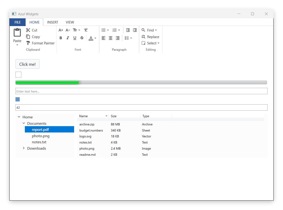 Demonstration of all built-in widgets including buttons, checkboxes, inputs and more